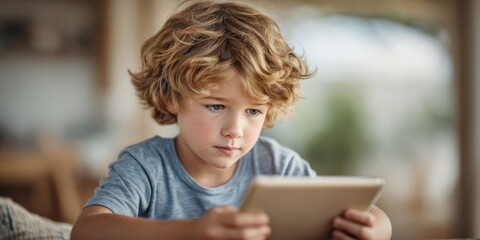 A young boy with curly hair intently using a tablet at home, focused and engaged with the screen.