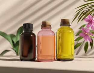 Three glass bottles with cork stoppers, in various colors, displayed on a light beige surface, amidst tropical foliage and flowers, suggesting a natural and healthy product