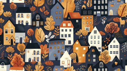 Autumnal Village Seamless Pattern