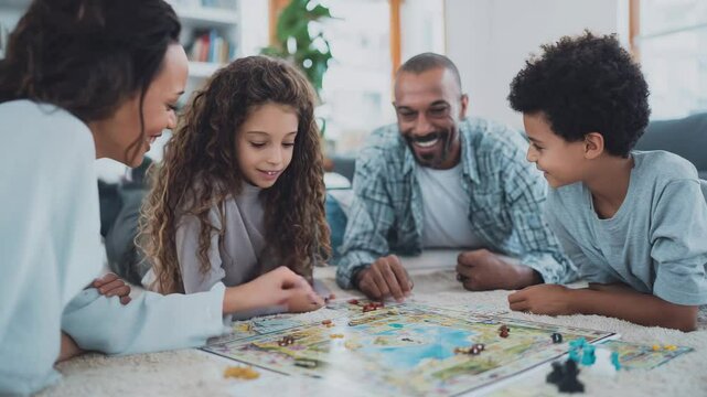 Happy family playing board game together.