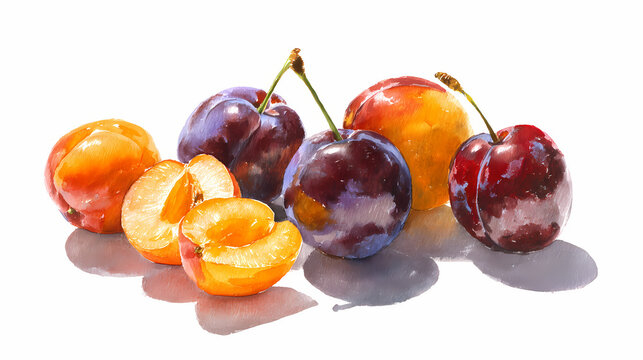 "Watercolor Clip Art of Purple Cherry Plums &ndash; Hand-Painted Small Stone Fruits for Botanical, Market, and Seasonal Design Projects"

