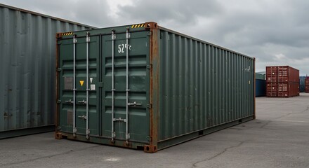 Fototapeta premium Shipping Container at Storage Yard Under Cloudy Sky