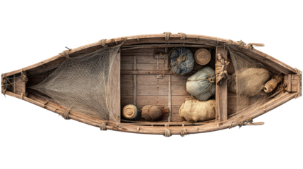  wooden fishing boat, traditional boat, top view, transparent background, fishing vessel, simple boat, rustic boat, wooden boat, isolated boat, nautical element, maritime, handcrafted boat, fishing cr