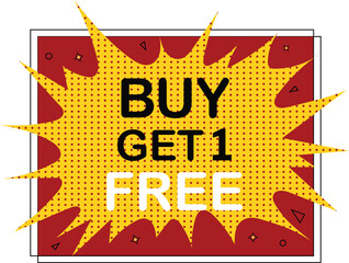 buy get 1 free vector burst design with red yellow rays for ecommerce deal, retail sale promotion, marketing offer or special discount coupon label