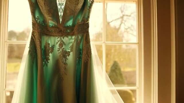 Teal formal gown hanging from a window