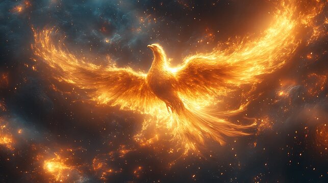 Majestic phoenix rising from flames a stunning photo depicting a mythical bird in celestial skies