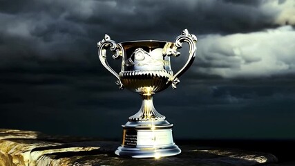 Golden trophy on a rock outcrop against a dramatic sky