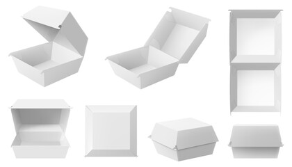 White food boxes, packaging for hamburger, lunch, fast food, burger, sandwich isolated on white background. Product pack. Packaging Cardboard Box Mockup, Opened Lid, Realistic 3d Vector Illustration