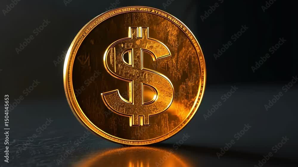 Poster macro of golden dollar coin with reflection on dark surface for finance concept.