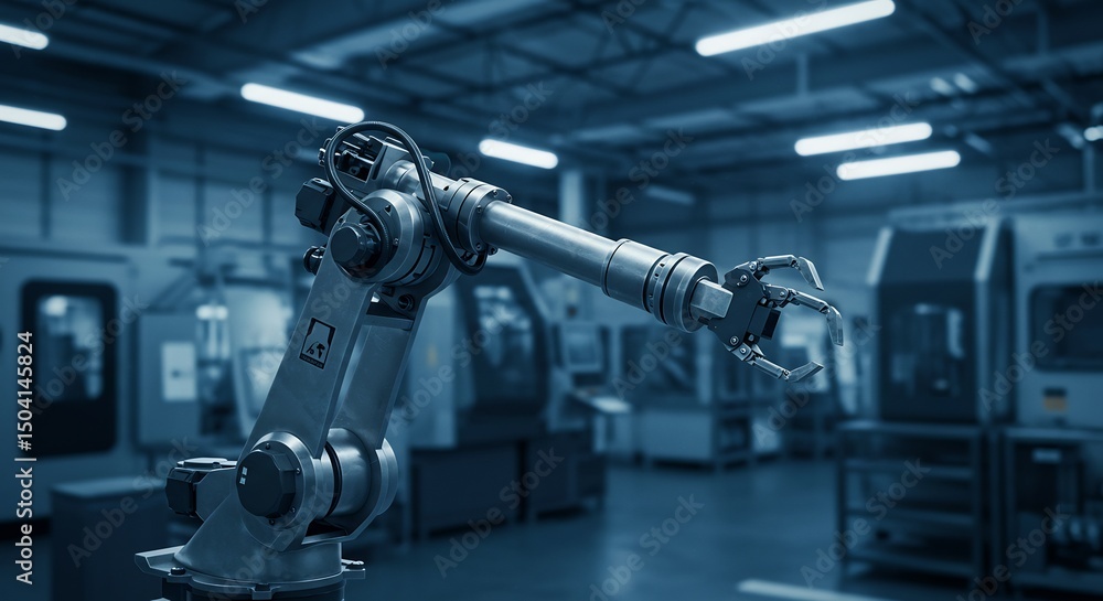 Poster industrial robot arm in factory setting for manufacturing automation