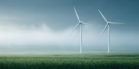 Two wind turbines stand in a green field under a cloudy sky, symbolizing clean energy and environmental sustainability.