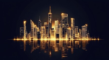 Golden city skyline reflected on water