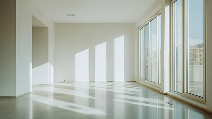 Obraz premium Bright Empty Modern Apartment Interior With Sunlight Streaming Through Large Windows