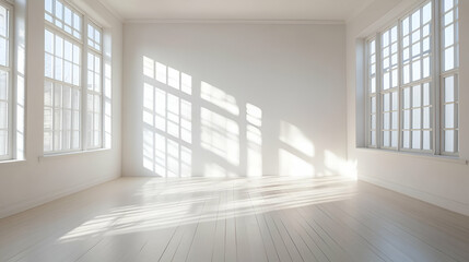 Bright White Room with Sunlight Streaming Through Large Windows