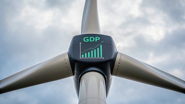 Wind turbine showcasing GDP growth data against a cloudy sky backdrop, symbolizing renewable energy and economic progress.