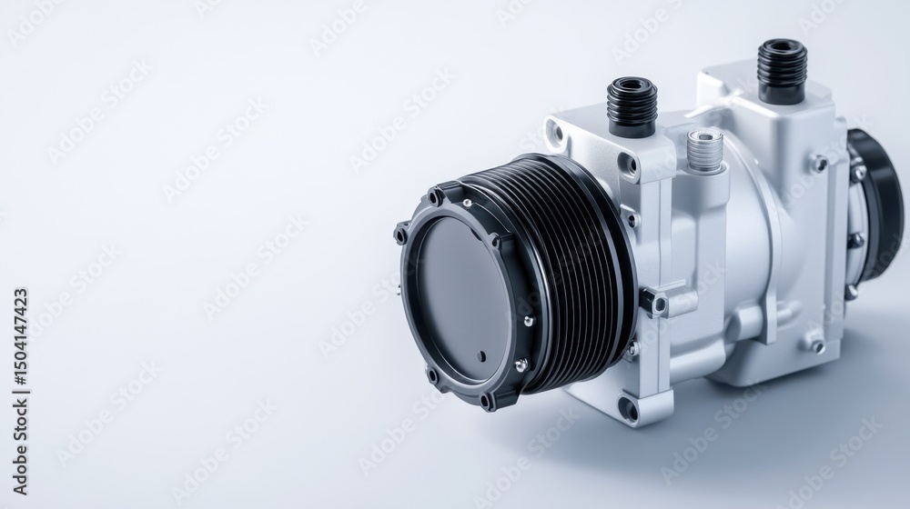 Poster precision engine component with black and silver design on plain background
