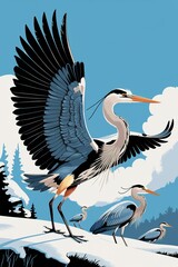 Majestic heron spreads its expansive wings among smaller birds on snowy field against blue sky