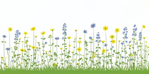 Flat style wildflower field with clean white background. For seasonal stationery and invitations.