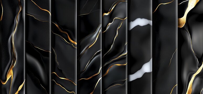Array of black marble with golden veins; one with white, each vertical panel