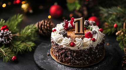 Christmas Cake with Number One Candle