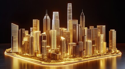 Fototapeta premium Golden city skyline model illuminated by glowing lights