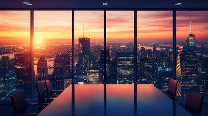 City Skyline Sunset View from Modern Office Meeting Room