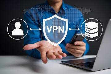 VPN Server Network Security and Internet Privacy Concept – Man Using Smartphone with Encrypted Connection and Web Proxy for Secure Online Access
