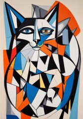 Modern cubist interpretation of a cat's face broken into geometric fragments with orange, blue, and white color blocks creating an abstract feline portrait.