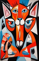 Vibrant cubist portrait of a fox-like creature with spiky hair, multiple eyes, and geometric facial features rendered in bold orange, blue, and black colors.