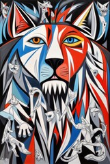 Dynamic cubist artwork depicting a fierce wolf or dog head with bared teeth surrounded by smaller white animal figures in a complex geometric composition.