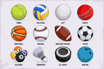 Hand drawn set of realistic sports balls including soccer, basketball, tennis, volleyball, hockey puck, bowling, football, golf and more
