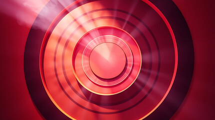 Abstract red circular design with light rays and depth