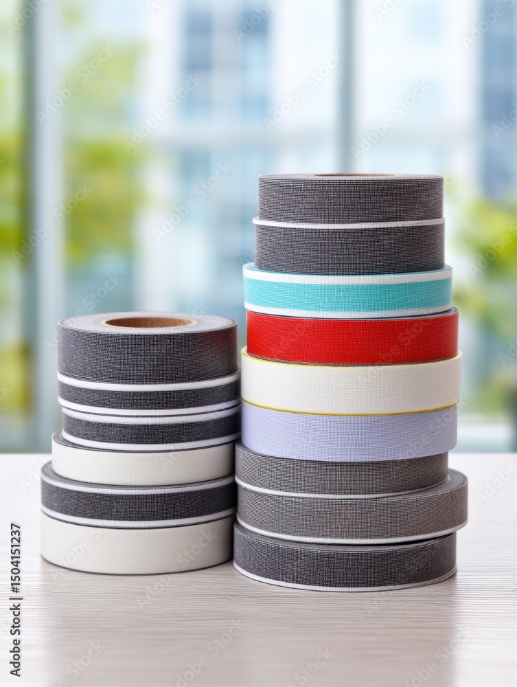 Poster Window Sealing Tapes Stacked Vertically on a Clean Surface With a Blurred Background of a Modern Indoor Environment