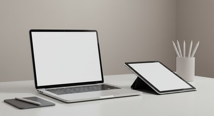 Minimalist workspace with laptop tablet and stylus