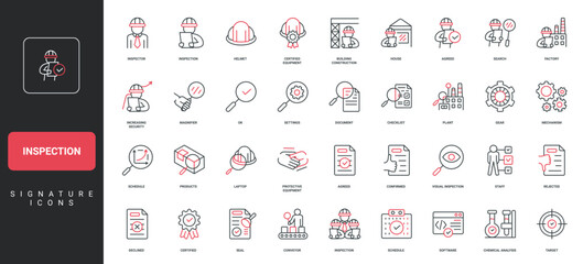 Inspection, quality assessment by inspector, certified product, work process control line icon set. Engineer and factory staff inspect and test standards thin black and red symbols vector illustration