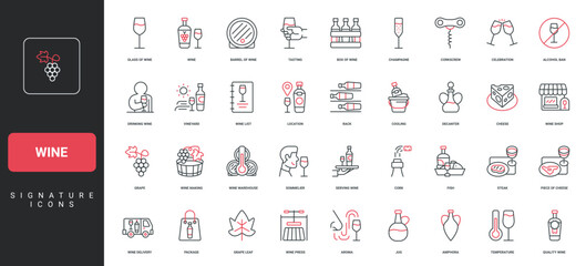 Wine and winery, alcohol in glass and bottle, decanter and cellar barrel, vineyard line icon set. Sommelier and wine serving with fish, steak or cheese thin black and red symbols vector illustration