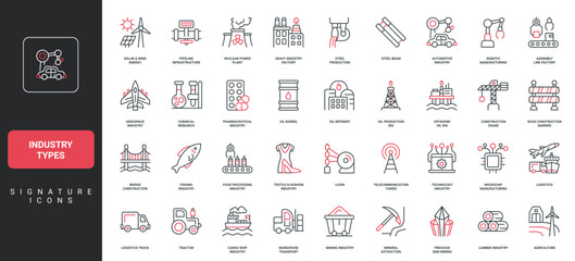Types of industry, different industrial plants and manufacturing, power energy production line icon set. Construction and agriculture, fishing, mining thin black and red symbols vector illustration