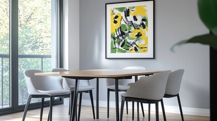 Modern dining area with abstract art, table, chairs, and greenery near a window
