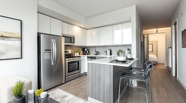 Modern open-concept kitchen with stainless steel appliances, gray cabinets, and a breakfast bar