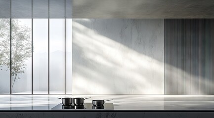 Obraz premium Modern kitchen with large windows showcasing a serene view