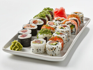 assorted sushi rolls neatly arranged on a rectangular white plate, garnished with wasabi and pickled ginger, clean white studio background