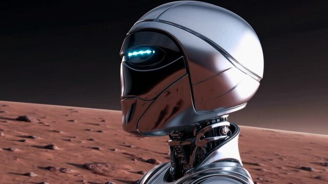 Humanoid robotic explorer scanning martian terrain, rotating metallic head with piercing blue eyes while analyzing extraterrestrial landscape