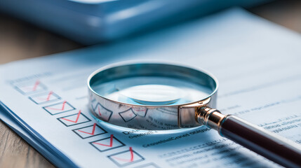 Detailed Checklist Review with Magnifying Glass: Ensuring Accuracy and Compliance in Documentation for Business Strategy and Task Verification Processes