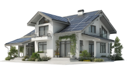  Modern House with Solar Panels Isolated on Transparent Background