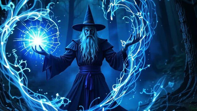 Wizard casting a spell with blue energy in a dark forest with trees and magical light effects