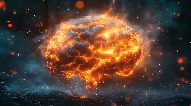 A burning brain representing ideas innovation knowledge and the power of the human mind.