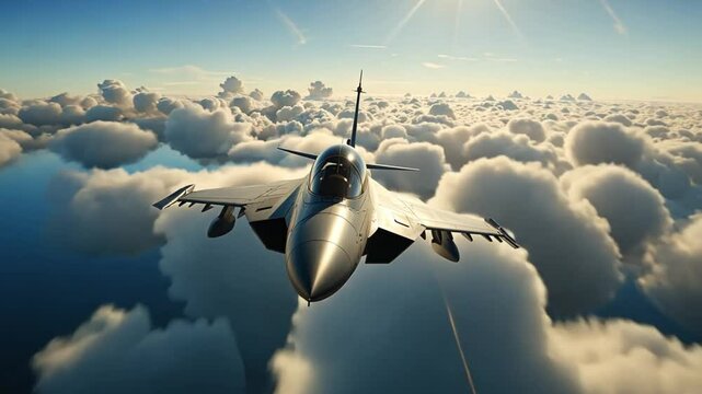 An f sixteen fighting falcon soars through a sky filled with fluffy white clouds on a sunny day