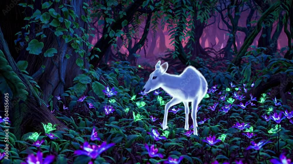 Aufkleber a mystical forest scene with a glowing deer surrounded by luminescent flowers. low-angle view create