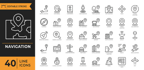 Navigation outline icon set. Containing location, route, direction, navigation, GPS, flag, destination, road and more. © twenty-icons