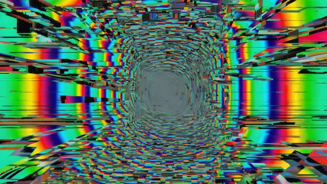 recursive PIP glitch animation, multi-layer feedback loops, escalating static noise, RGB channel separation, cinematic collapse effect, analog broadcast style